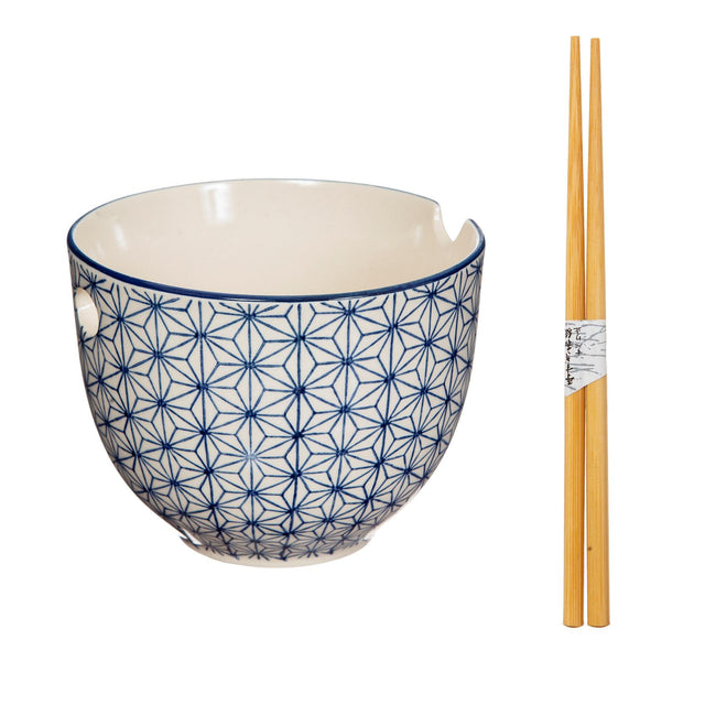 Blue Sashiko Pattern Noodle Bowl with Chopsticks