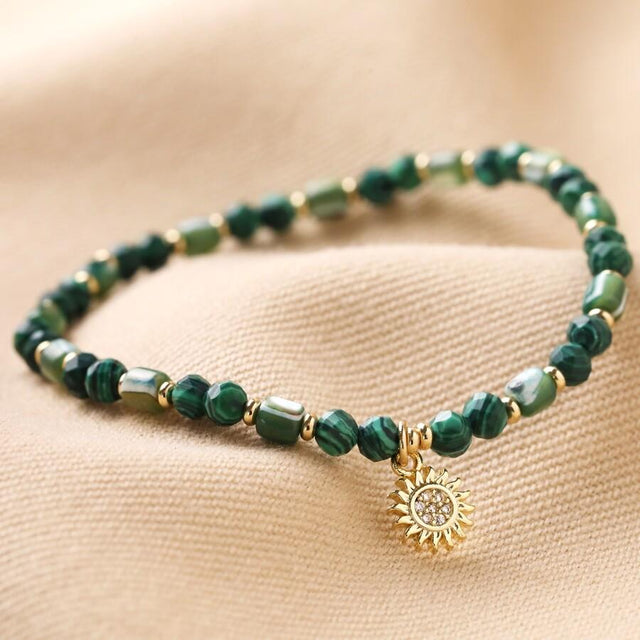 Malachite & Aqua Semi-Precious Stone Bracelet with Sun Charm