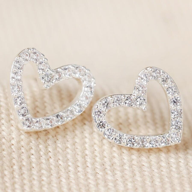 Irregular Crystal Heart Stud Earrings in Silver