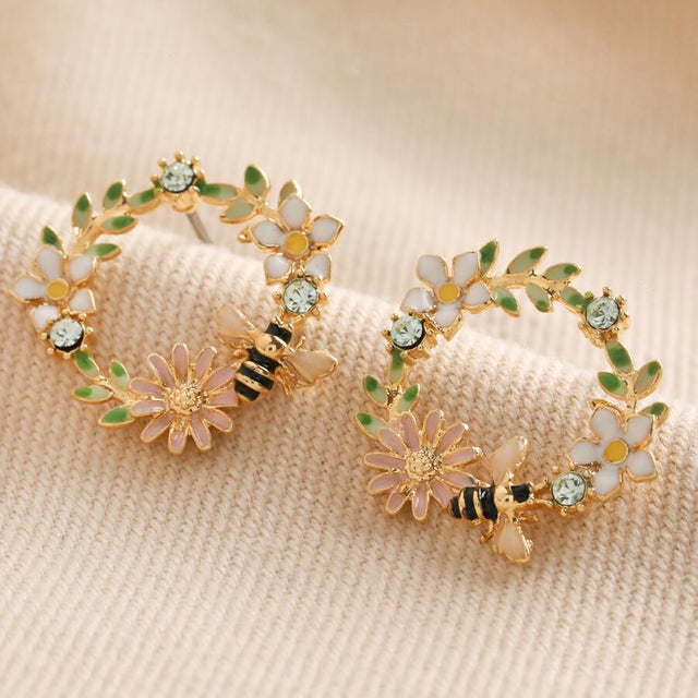 Crystal Flower and Enamel Bee Stud Earrings in Gold