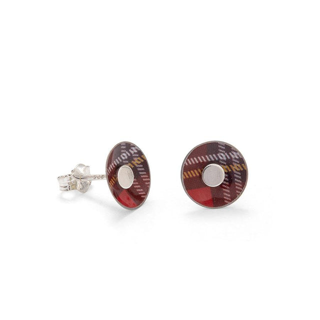Red Tartan Round Stud Earrings in Tin