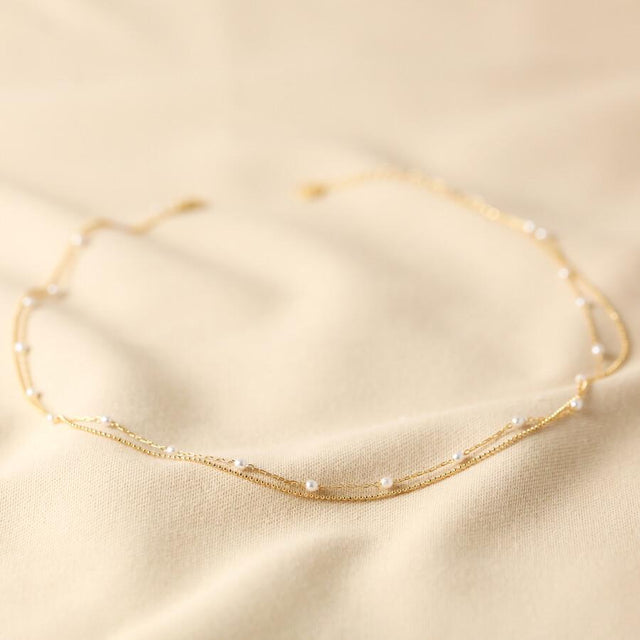 Tiny Seed Pearl Layered Chain Necklace in Gold
