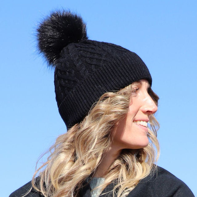 Black Lined Wool Bobble Hat with Faux Fur Pom Pom
