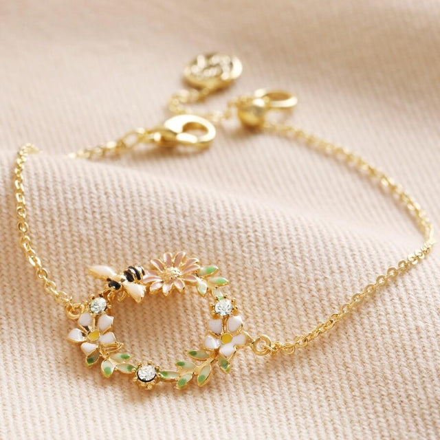 Crystal Flower and Enamel Bee Bracelet in Gold