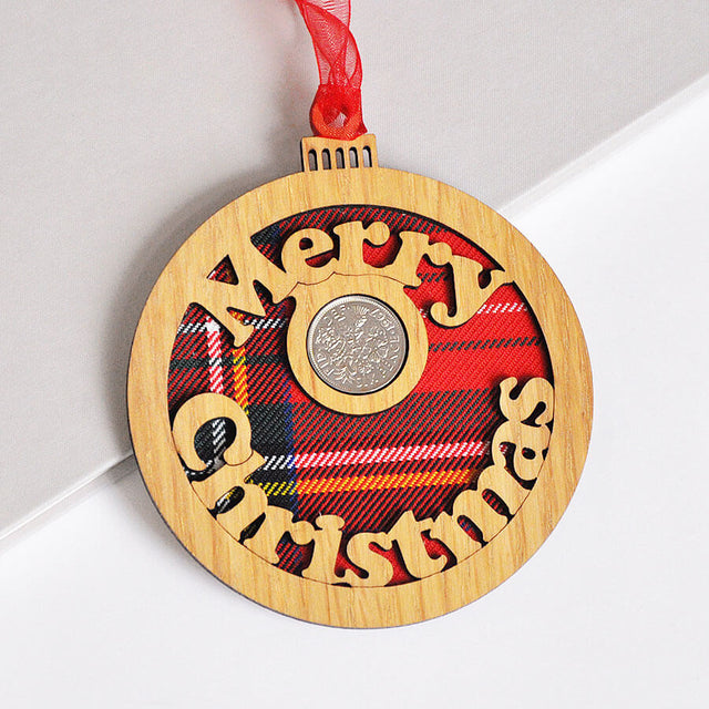 Merry Christmas Lucky Sixpence Flat Bauble Decoration