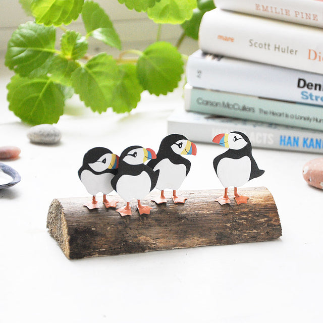 Circus of Four Puffins Wood Log Decoration