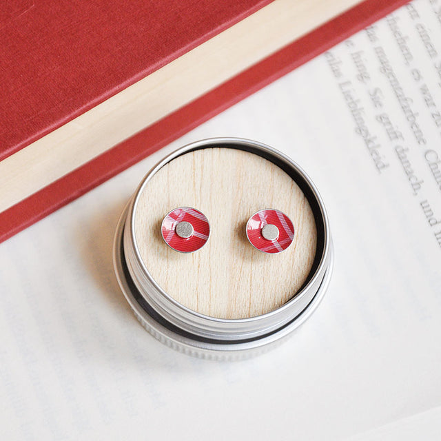 Red Tartan Round Stud Earrings in Tin