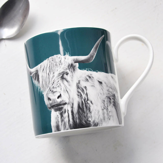 Teal Green Shaggy Highland Cow Mug