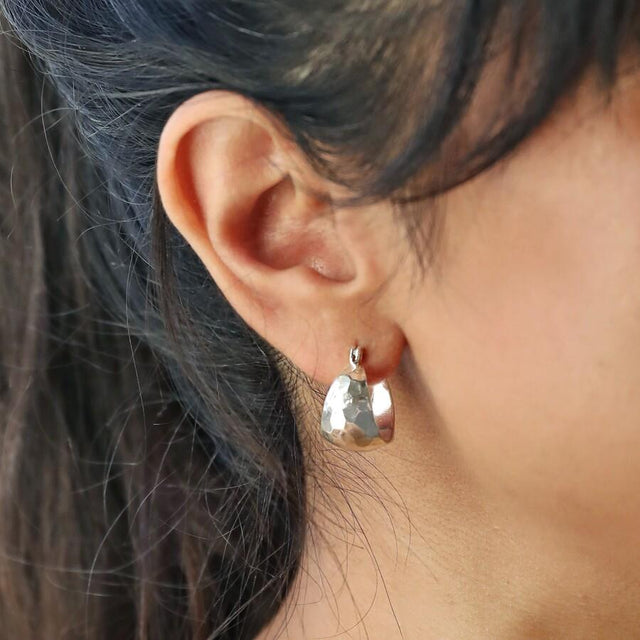 Wide Hammered Hoop Earrings in Silver