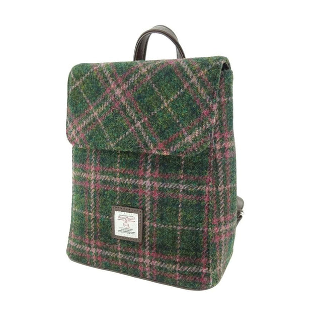Harris Tweed Mini Backpack in Dark Green and Plum Check