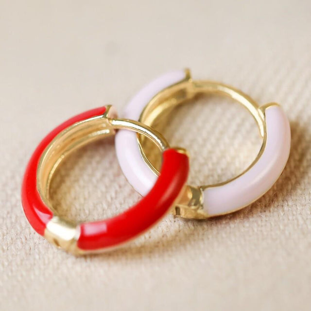 Red and Pink Enamel Huggie Hoop Earrings