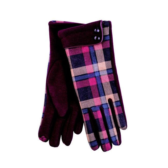 Ladies Oxblood Button Cuff Check Gloves