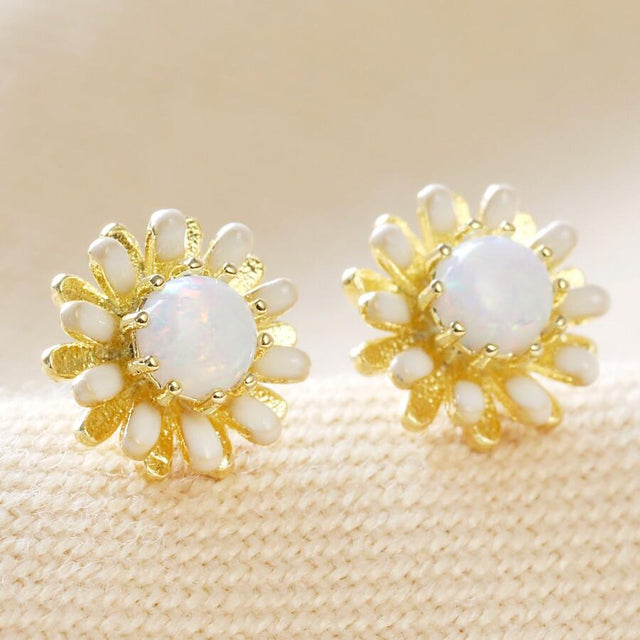Opal and Enamel Floral Stud Earrings in Gold