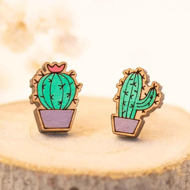 Cactus Painted Wooden Stud Earrings