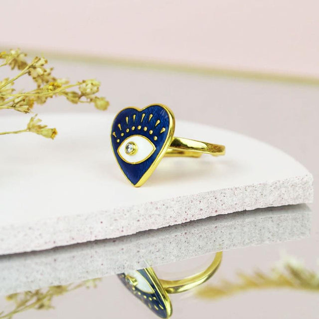 Navy Blue Enamel Eye Heart Gold Ring