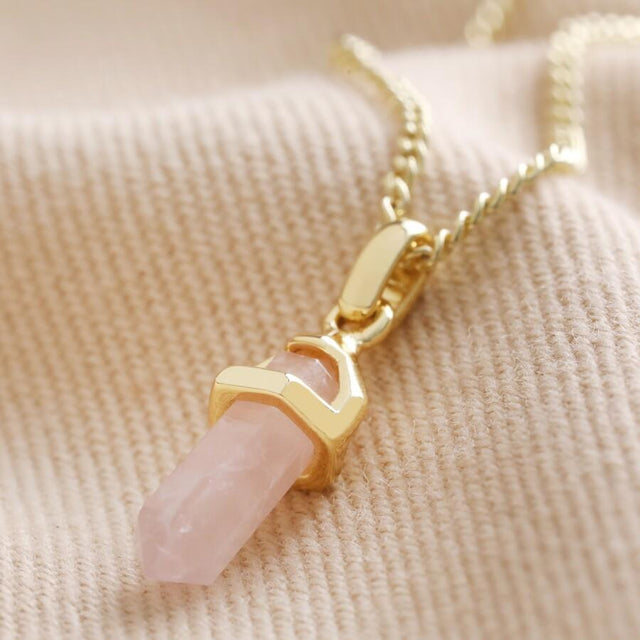 Tiny Rose Quartz Crystal Pendant Necklace in Gold