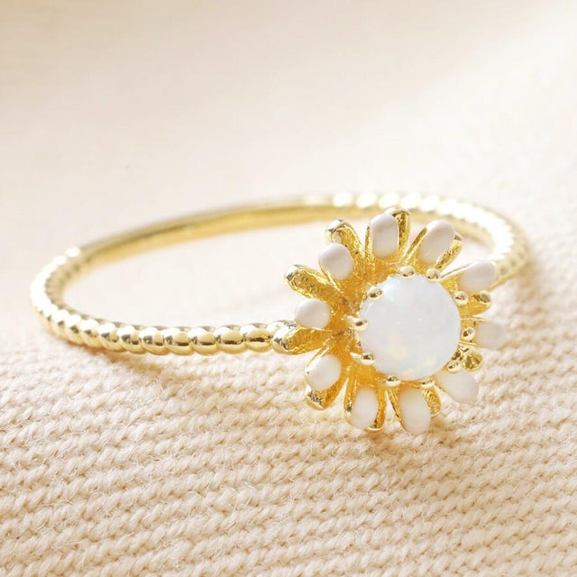Opal and Enamel Floral Ring in Gold - L/XL