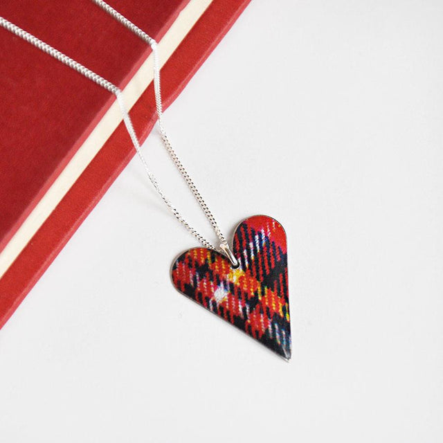 Red Tartan Slim Heart Pendant Necklace