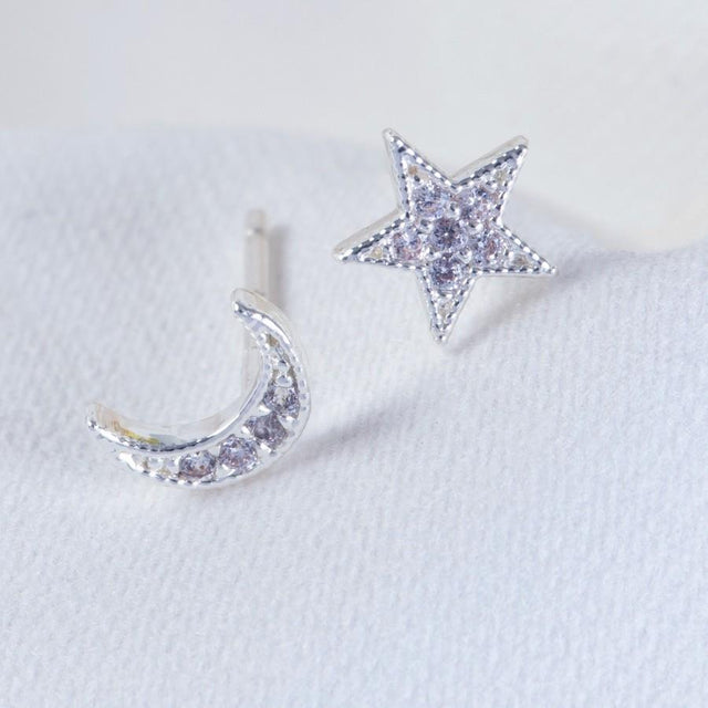 Cubic Zirconia Stone Moon and Star Silver Earrings