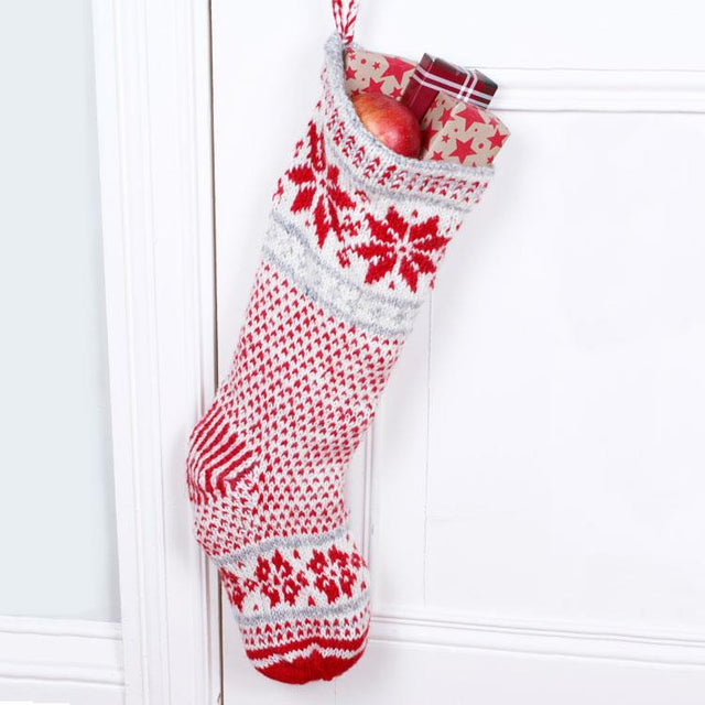Red and Cream Snowflake Patterned Knitted Christmas Stocking
