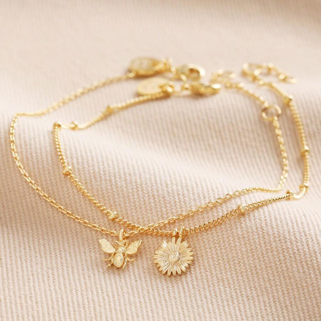 Daisy and Bee Chain Bracelets Set in Gold
