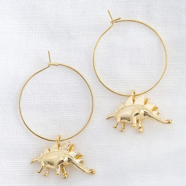 Gold Stegosaurus Charm Hoop Earrings