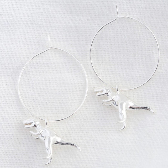 Silver T-Rex Dinosaur Hoop Earrings