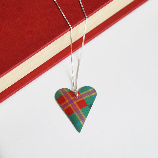 Green & Red Tartan Slim Heart Pendant Necklace